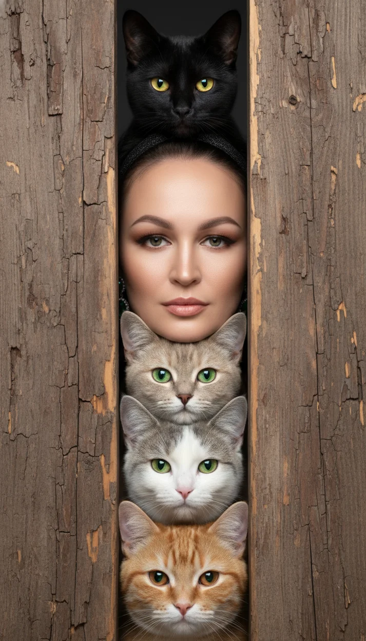  Женщина и несколько кошек между деревянными досками