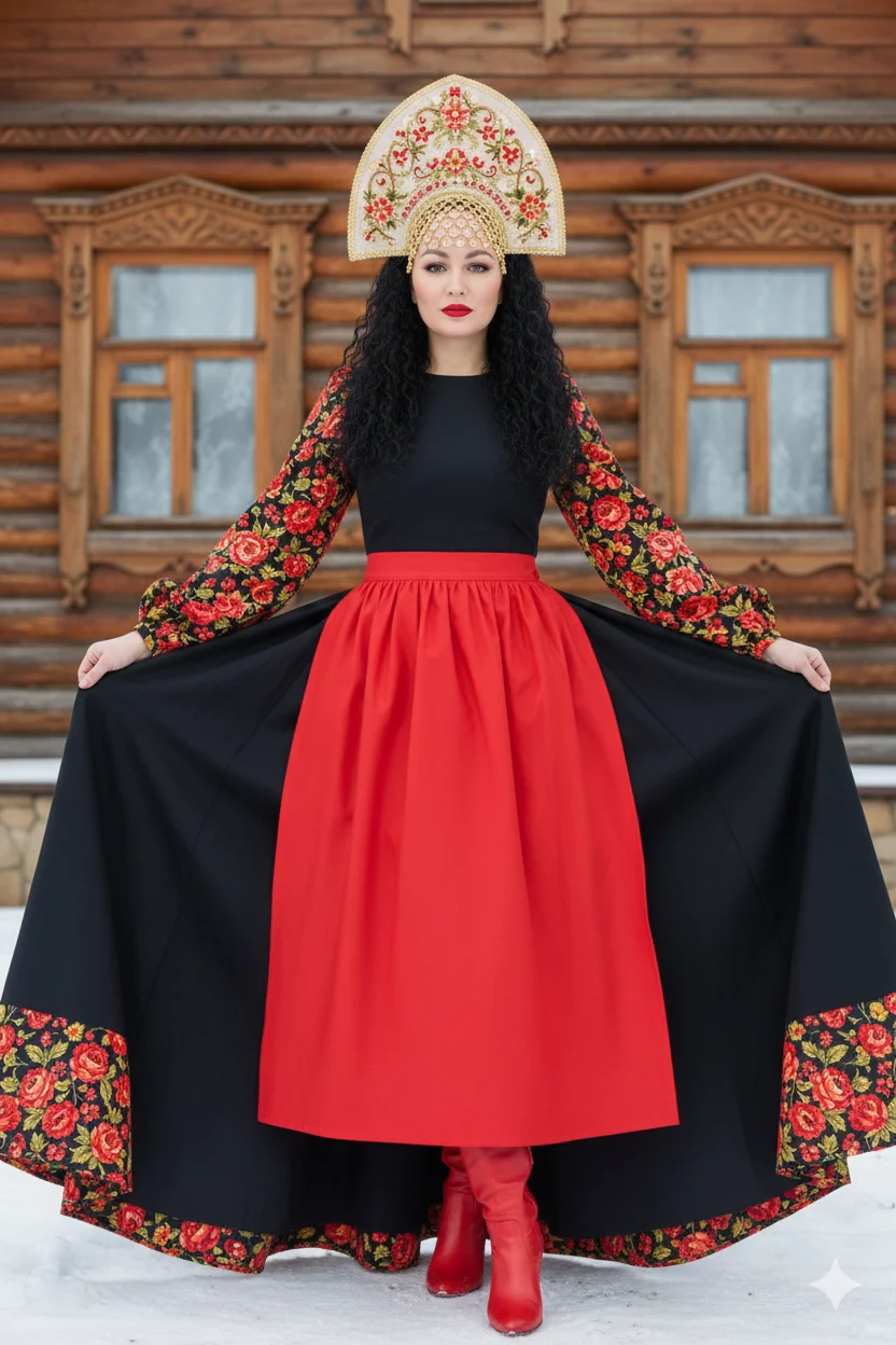 Девушка в чёрном платье с красным передником и кокошнике