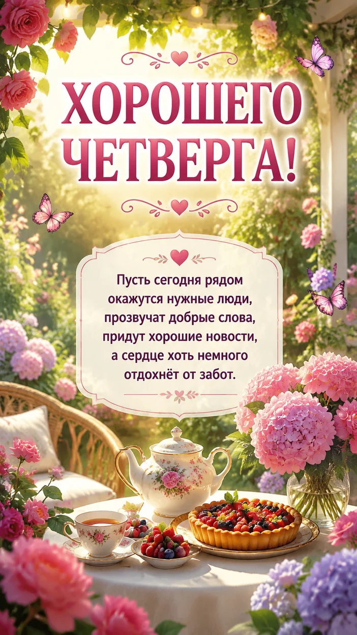 Фотооткрытка с садовой беседкой на четверг с текстом «ХОРОШЕГО ЧЕТВЕРГА!»