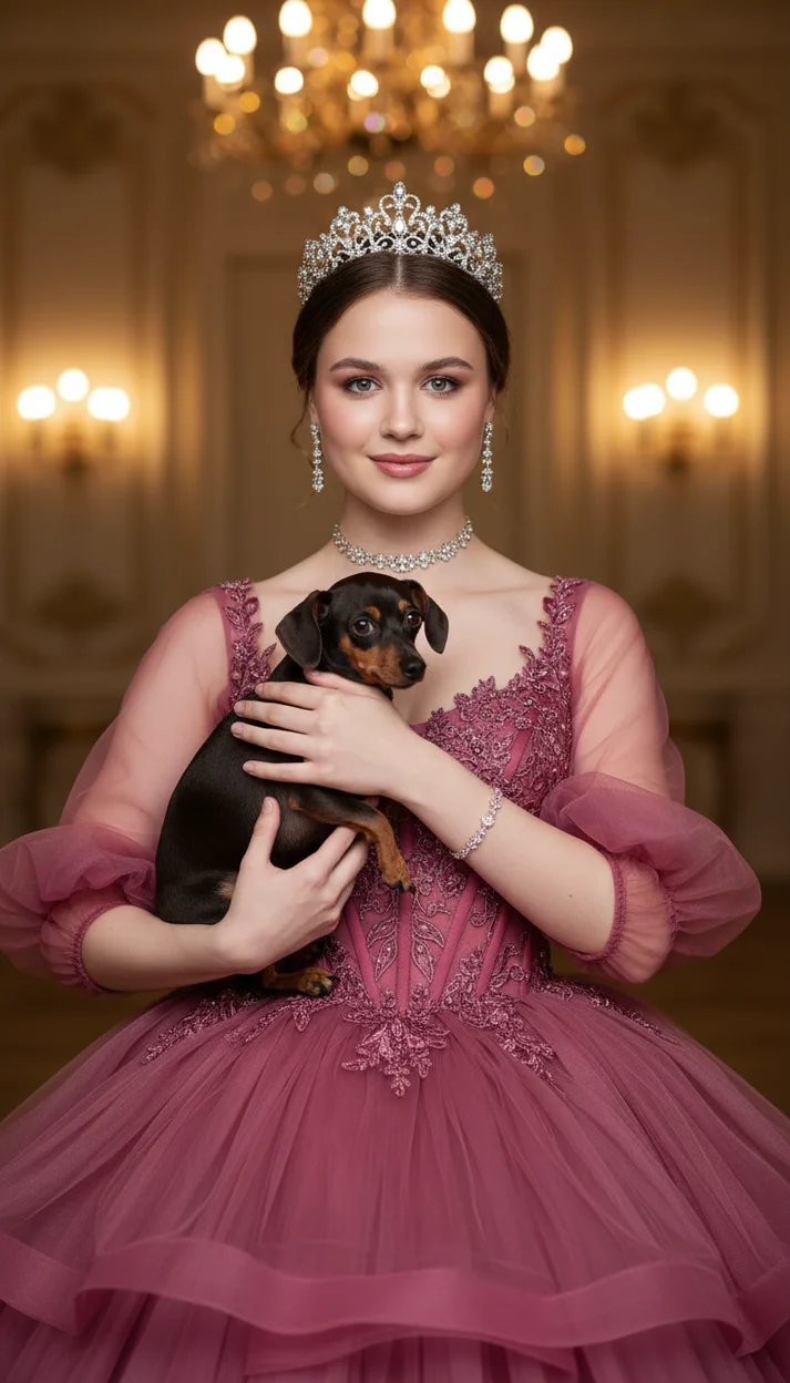 Девушка в роскошном интерьере в розовом платье 