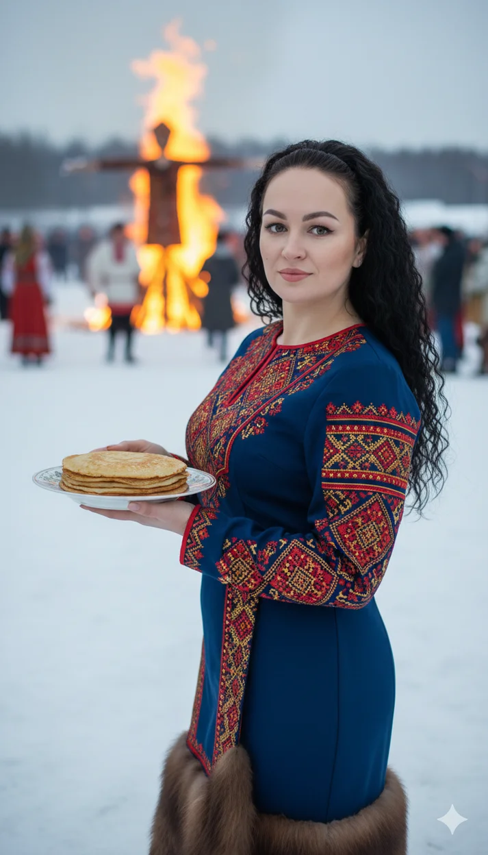 Девушка в узорном русском платье на зимнем празднике у костра