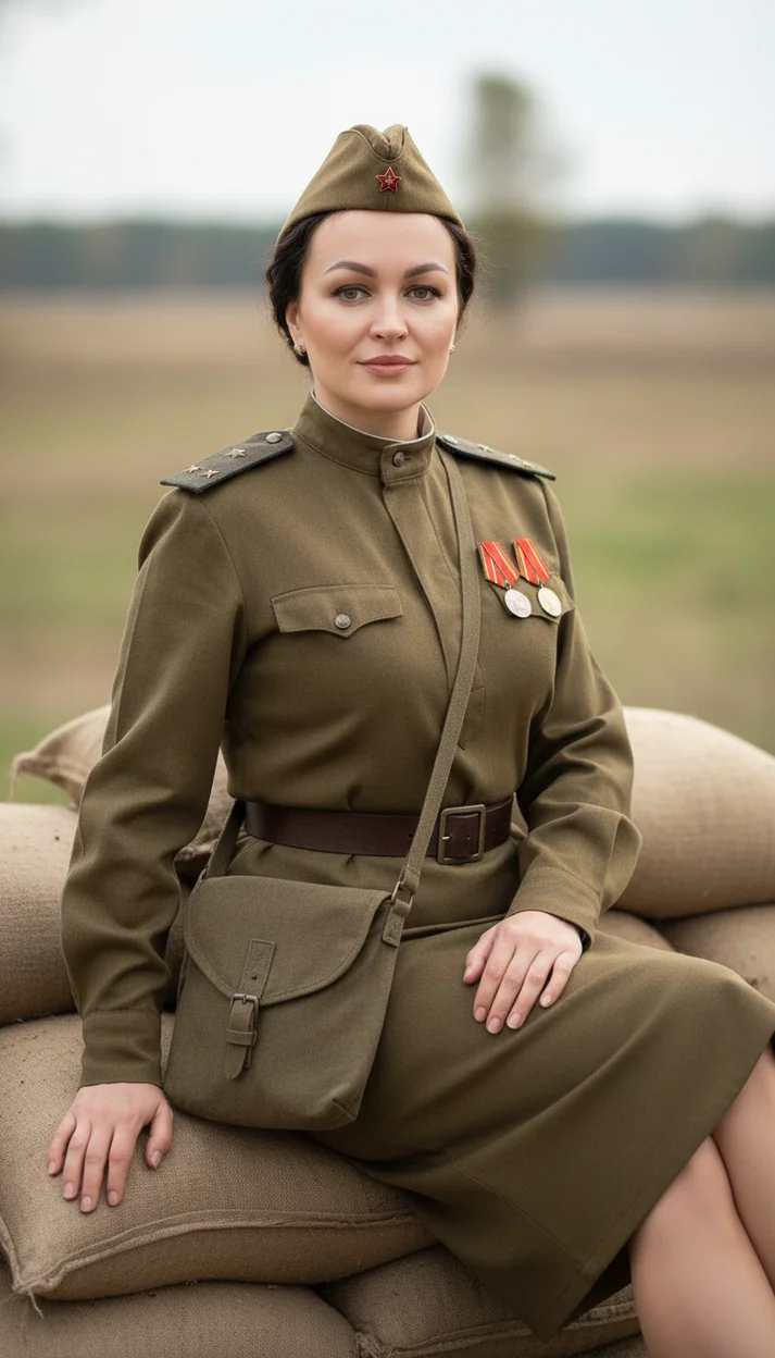 Женщина в военной форме сидит на мешках 