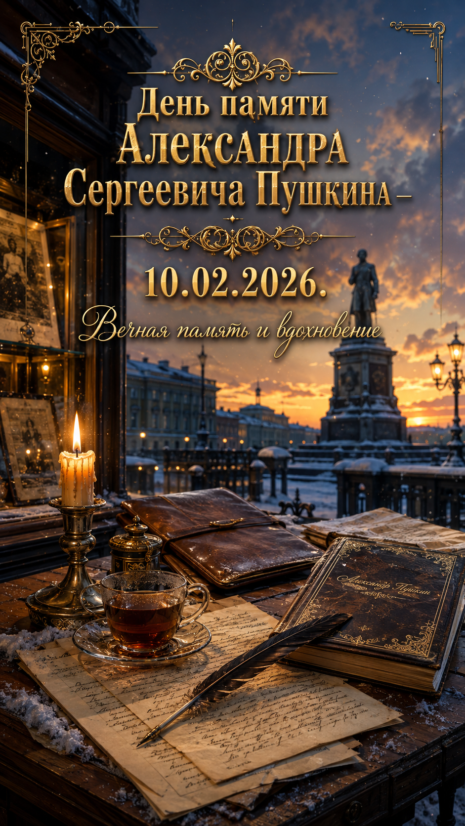 День памяти Александра Сергеевича Пушкина — 10.02.2026 — зимняя литературная открытка