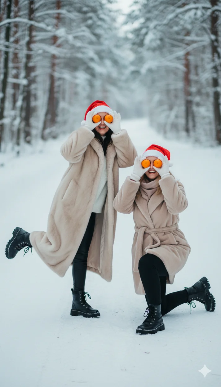 Две девушки позируют рядом, создавая игривую новогоднюю сцену