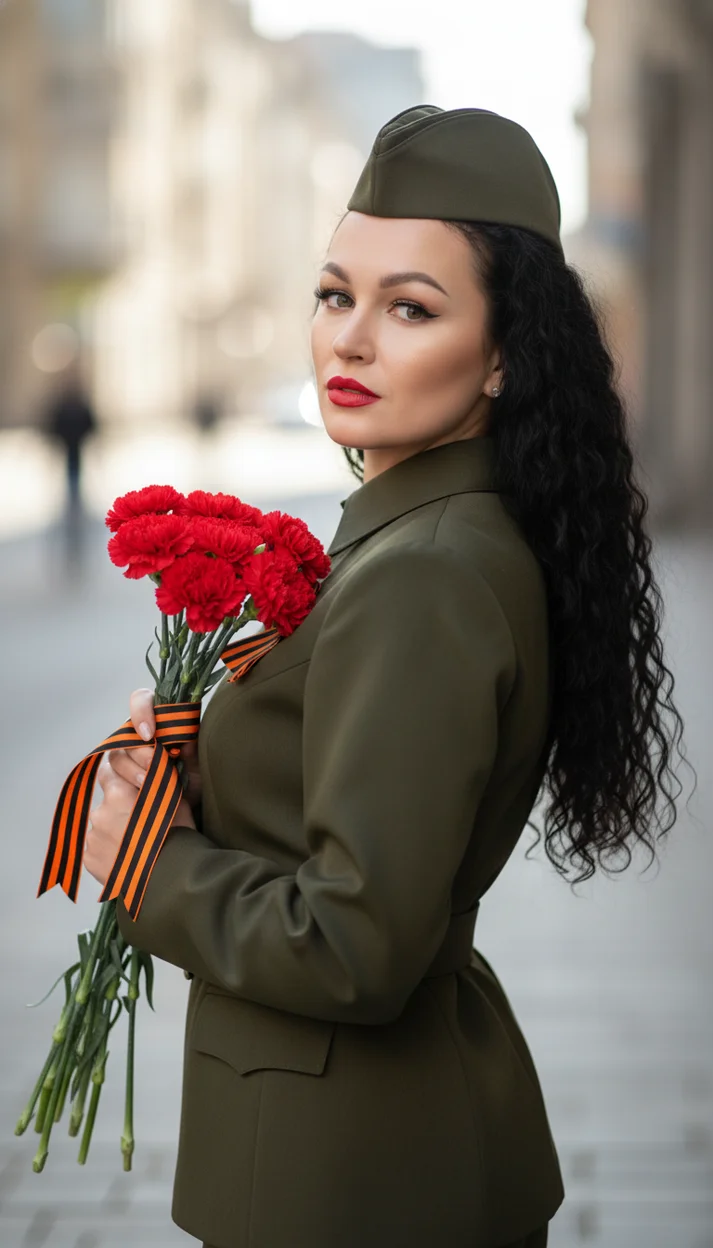  Женщина в военной форме с гвоздиками в руках на улице
