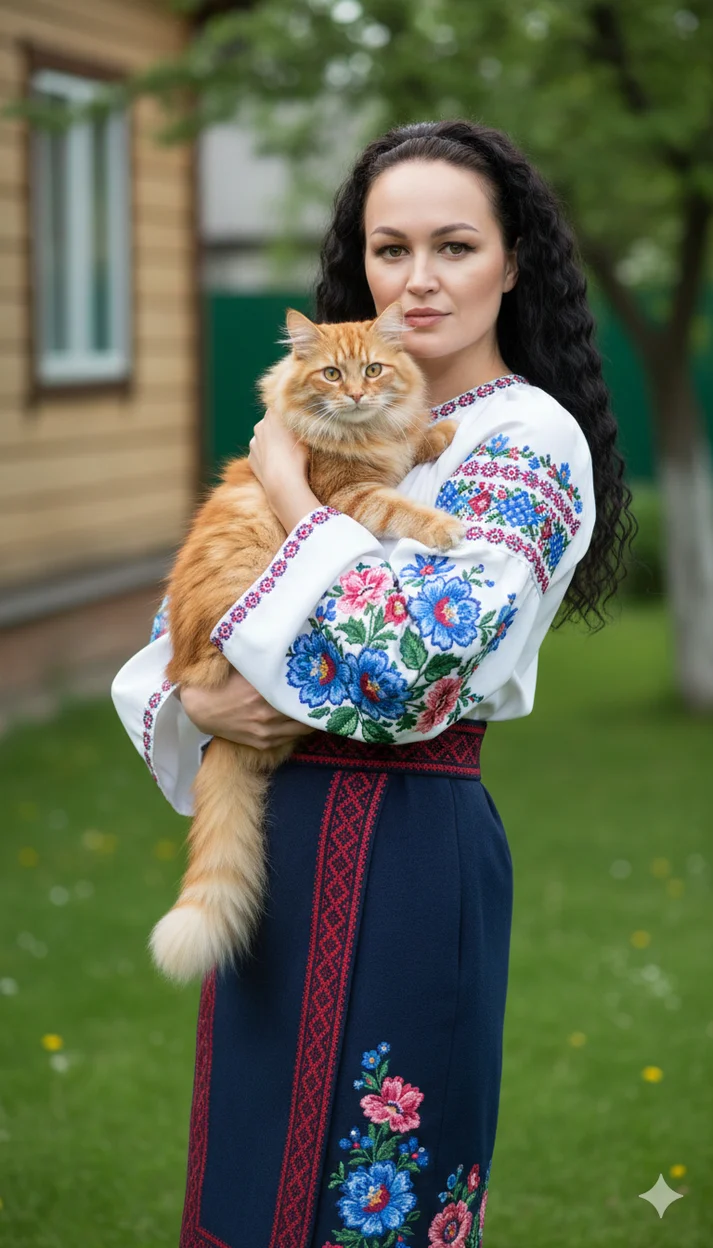 Женщина во дворе у дома в вышитой блузе держит рыжего кота  - русские образы