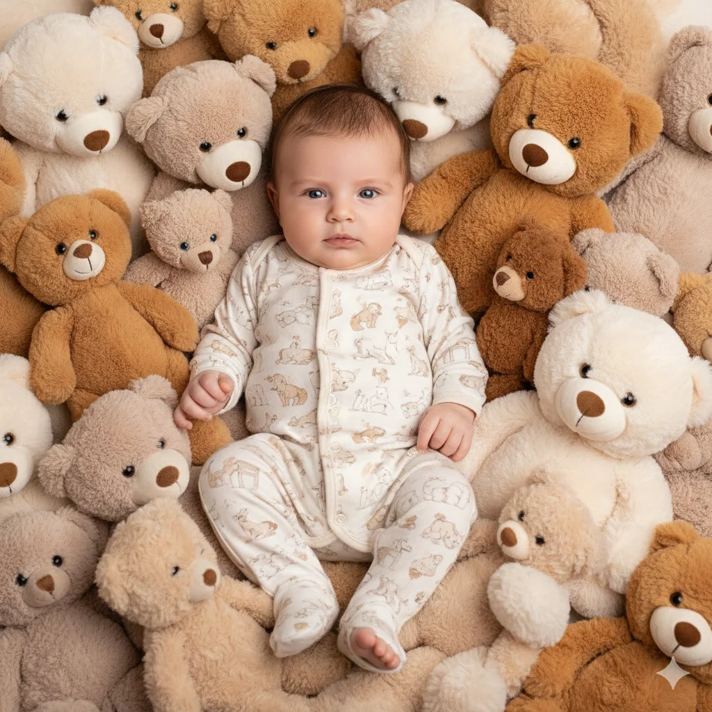 Малыш в бежевом комбинезоне лежит среди плюшевых мишек
