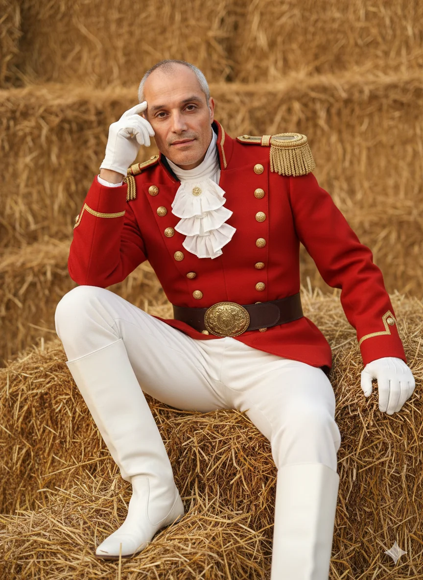 Мужчина в красном мундире и белых брюках сидит на сене 