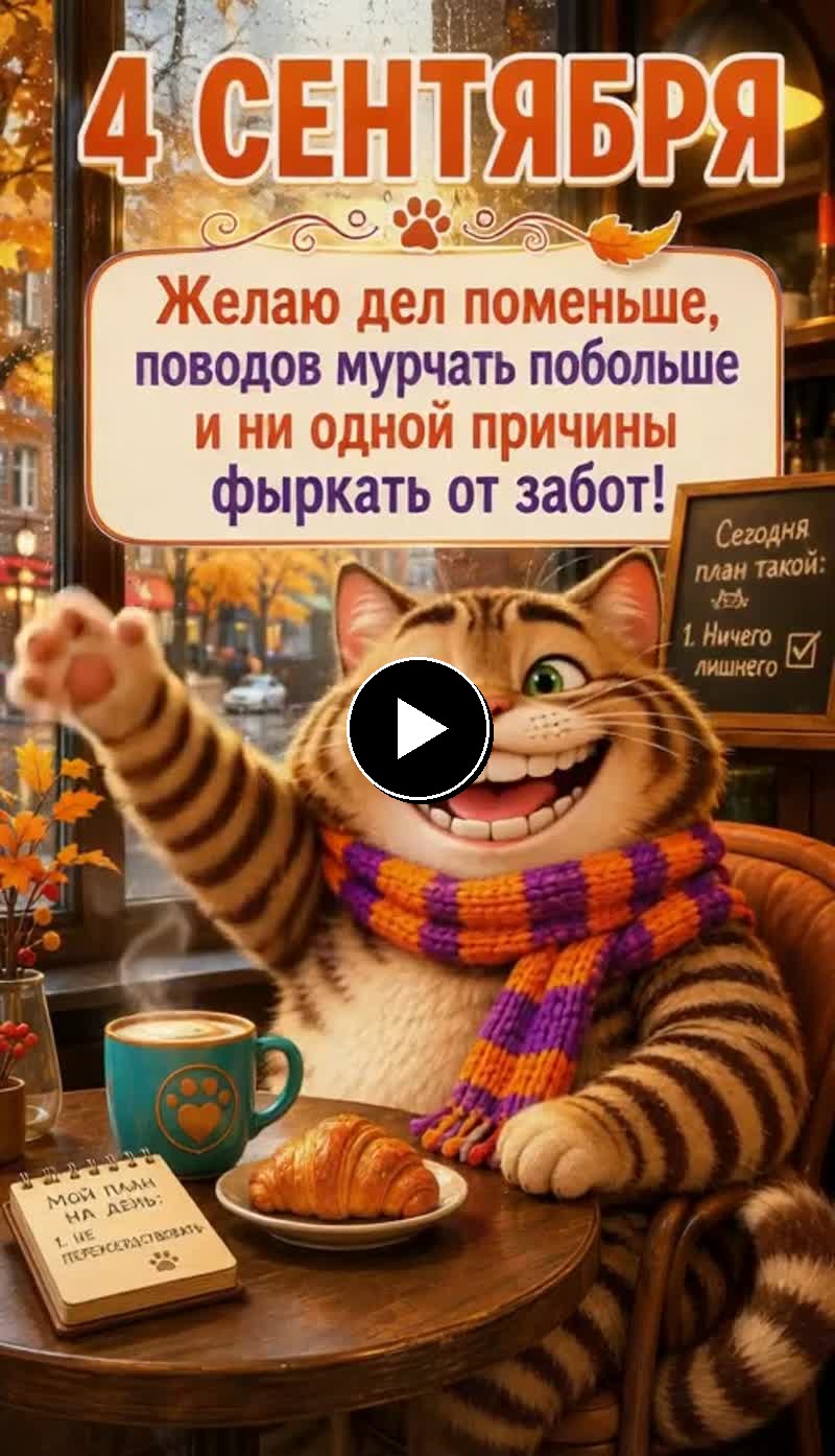 Видео открытка с пожеланиями на 4 сентября от котейки Фазилио