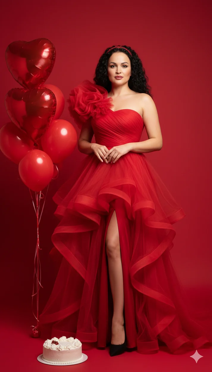  Девушка в роскошном алом платье стоит на красном фоне с воздушными шарами и тортом у ног