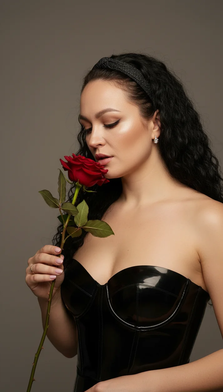 Черный корсет или бюстье из глянцевого латекса или винила - девушка с цветком 
