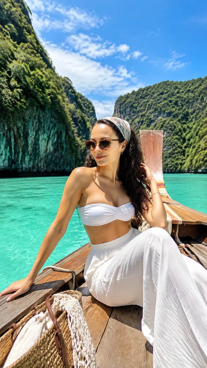 Фотосессия девушки в белом топе и юбке на деревянной лодке в Таиланде