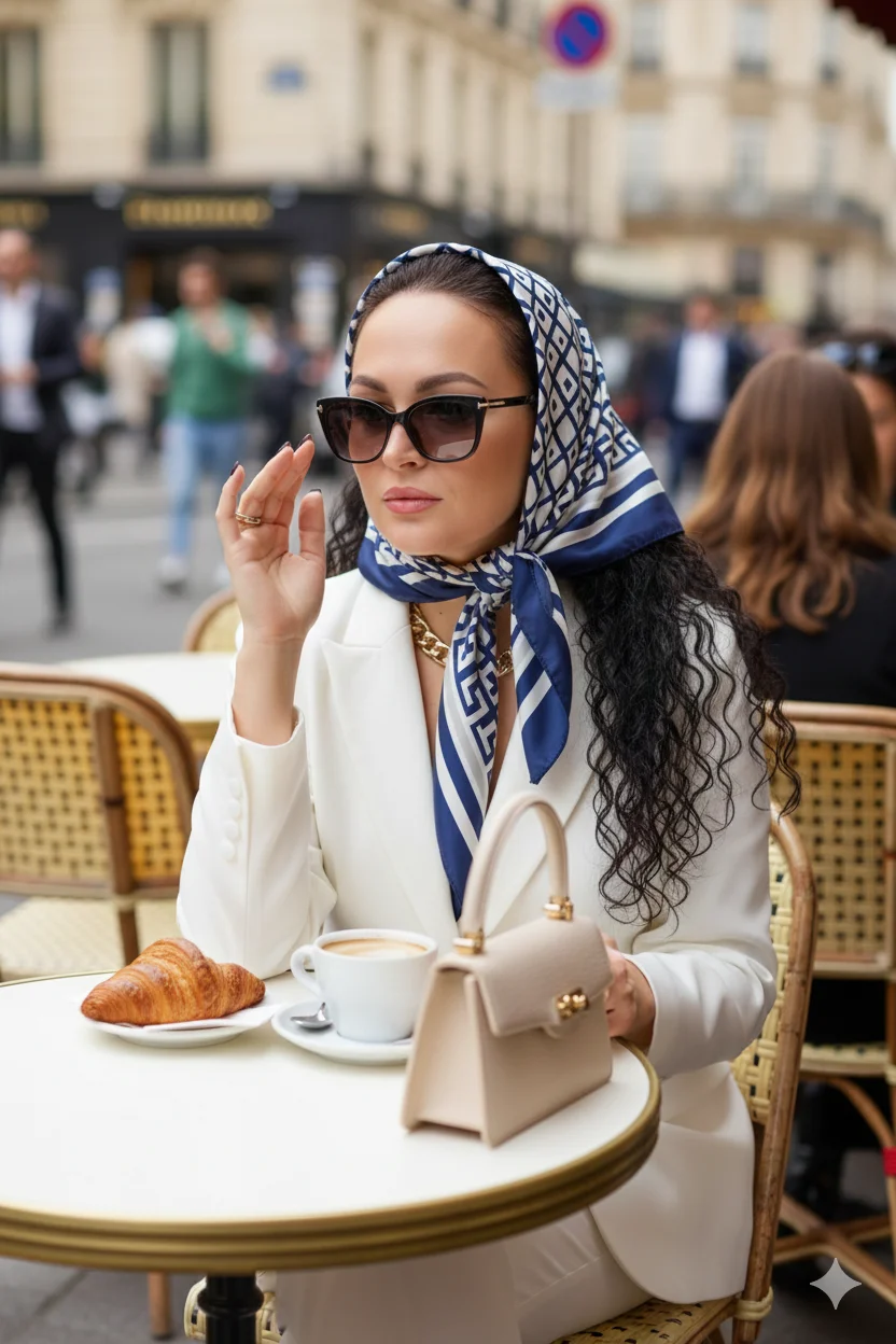Французская café-fashion съёмка: женщина в белом жакете и платке за столиком уличного кафе