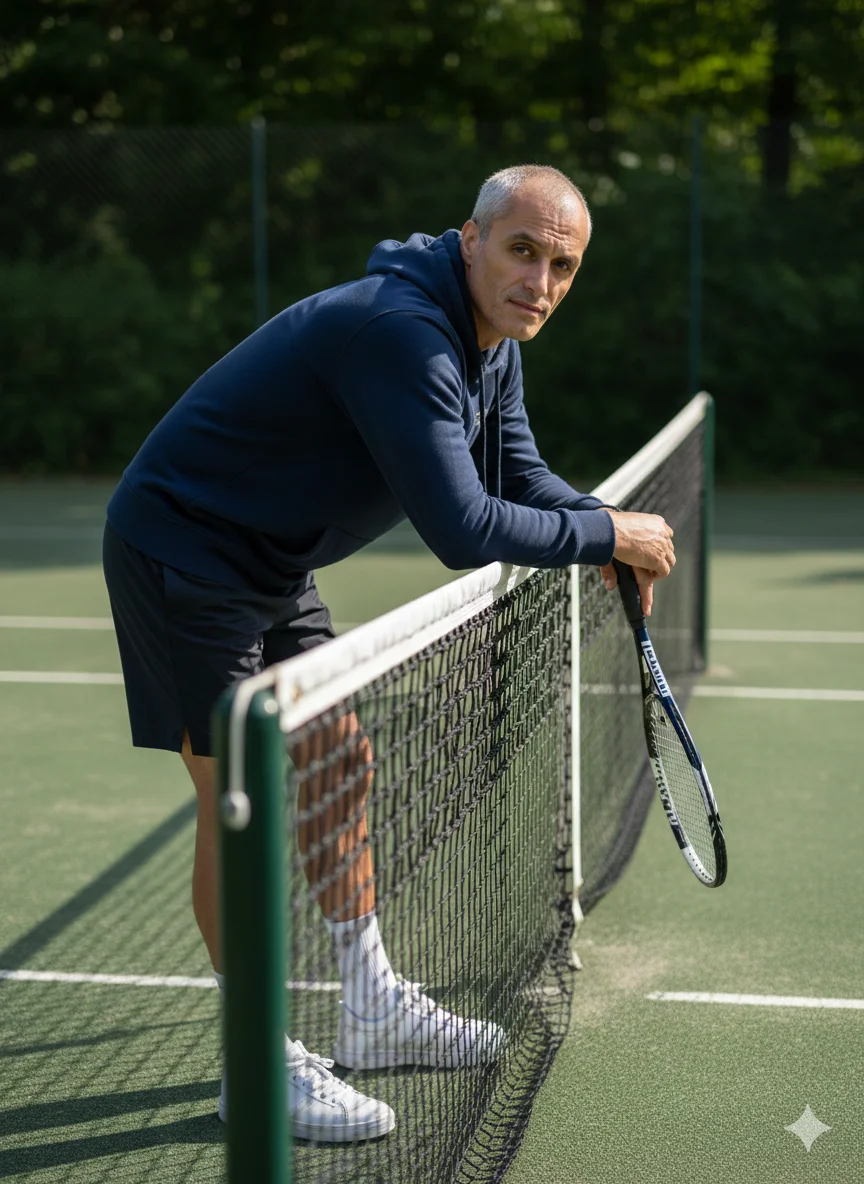 Мужчина в синем худи опирается на теннисную сетку с ракеткой