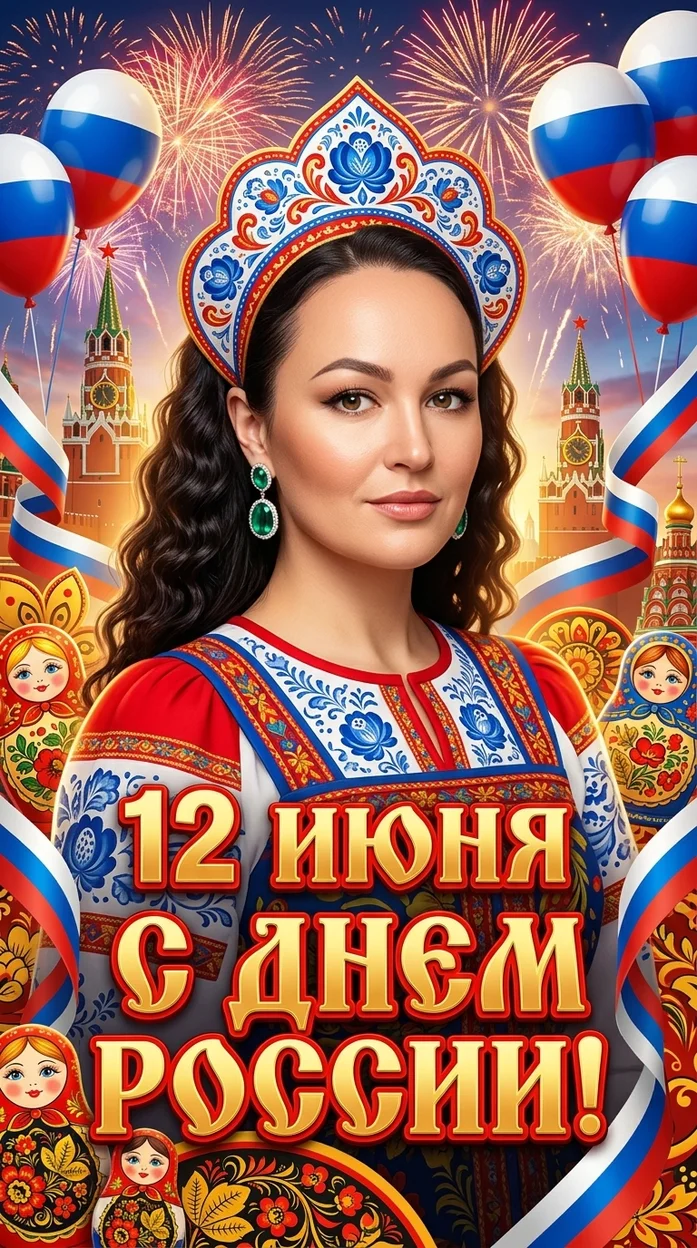 яркий праздничный постер ко Дню России в стиле красочного народного плаката