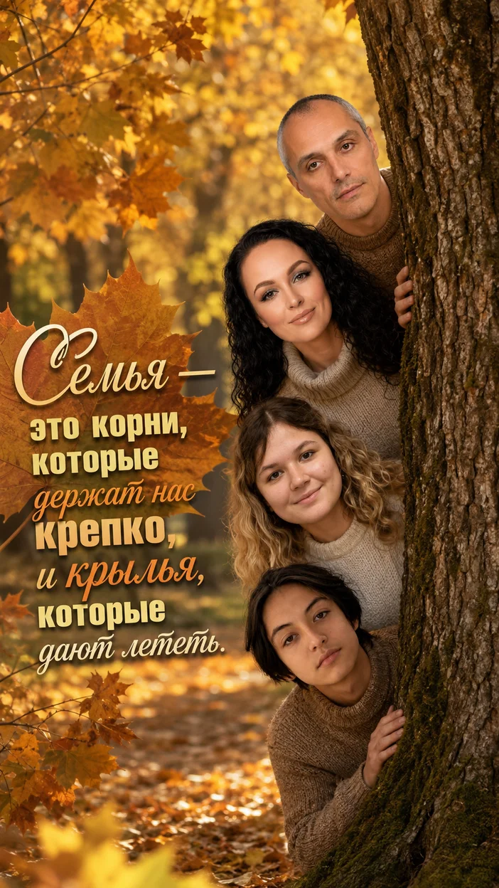 Фотосессия семьи в осеннем парке у дерева