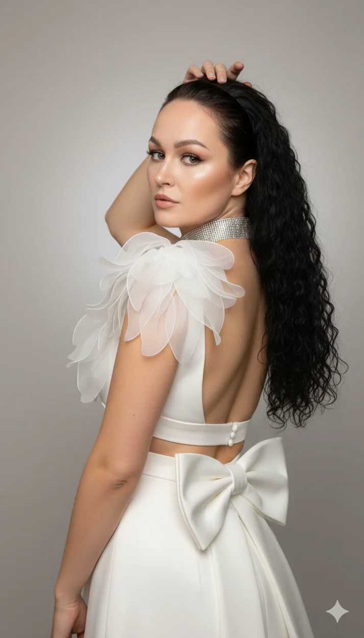 Женщина в белом платье с открытой спиной и бантом в студии 