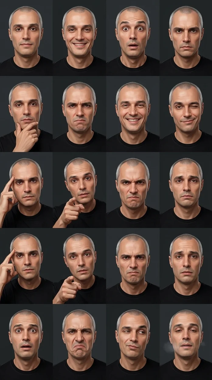 коллаж из 12–16 кадров (сетка), один и тот же человек в разных эмоциональных выражениях