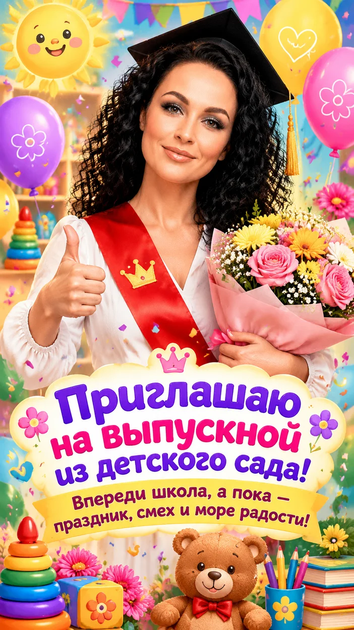 Фотооткрытка выпускной из детского сада с текстом «Приглашаю на выпускной из детского сада! Впереди школа, а пока — праздник, смех и море радости!»