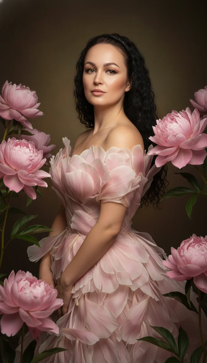 Женщина в изысканном платье из лепестков пионов