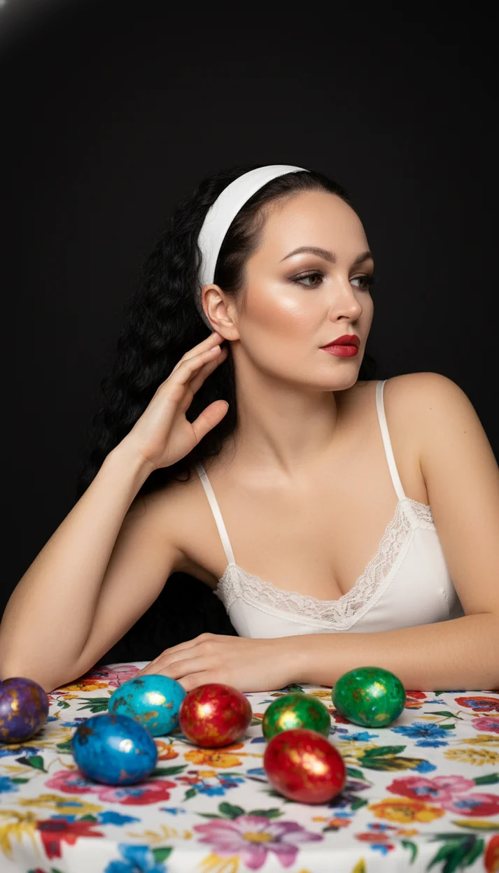  Женщина в белом топе и широкой повязке лежит у стола с яркими пасхальными яйцами 