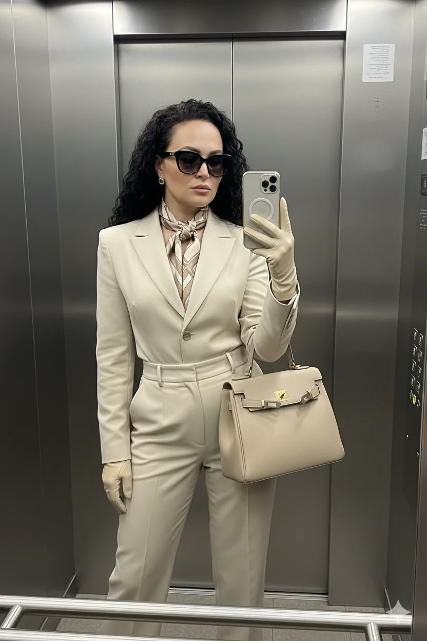 Современная mirror fashion-съёмка: женщина в светлом костюме с шёлковым платком и сумкой в лифте Сэлфи