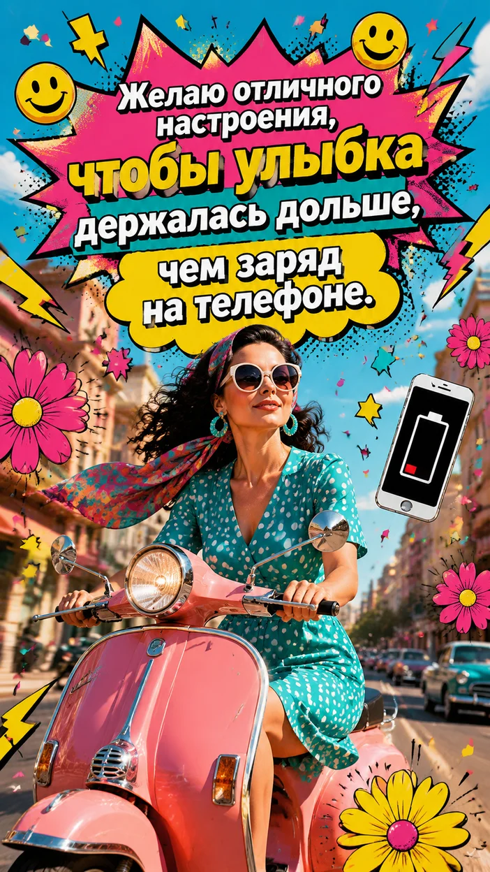 Фотооткрытка для неё с поздравлением "Желаю отличного настроения, чтобы улыбка держалась дольше, чем заряд на телефоне."