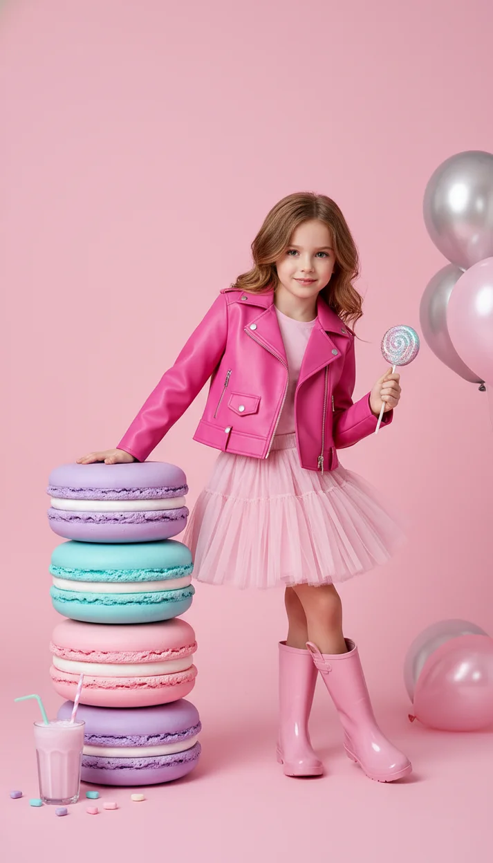 Яркая candy-fashion фотосессия ребёнка с гигантскими макарунами