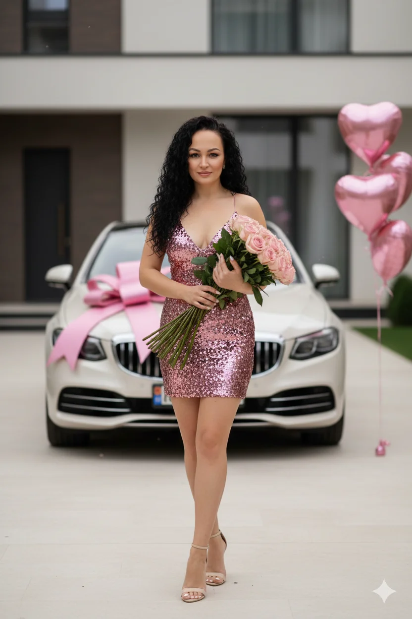 Женщина в блестящем мини-платье стоит перед автомобилем с букетом и шарами