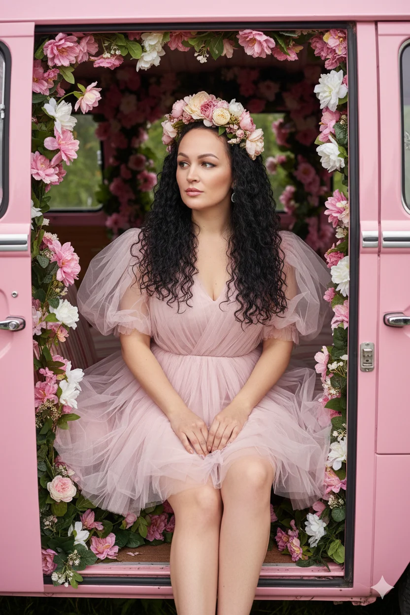 девушка в розовом винтажном фургоне