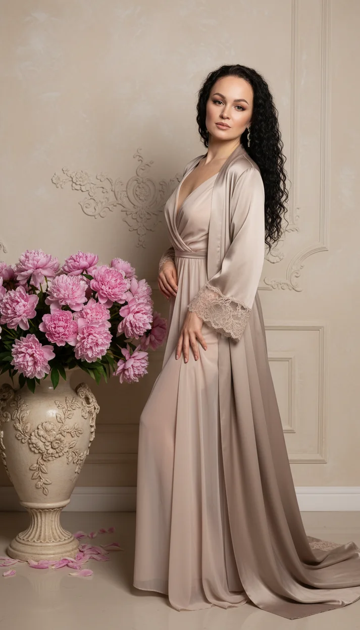  Девушка в струящемся платье стоит у большой вазы с пионами