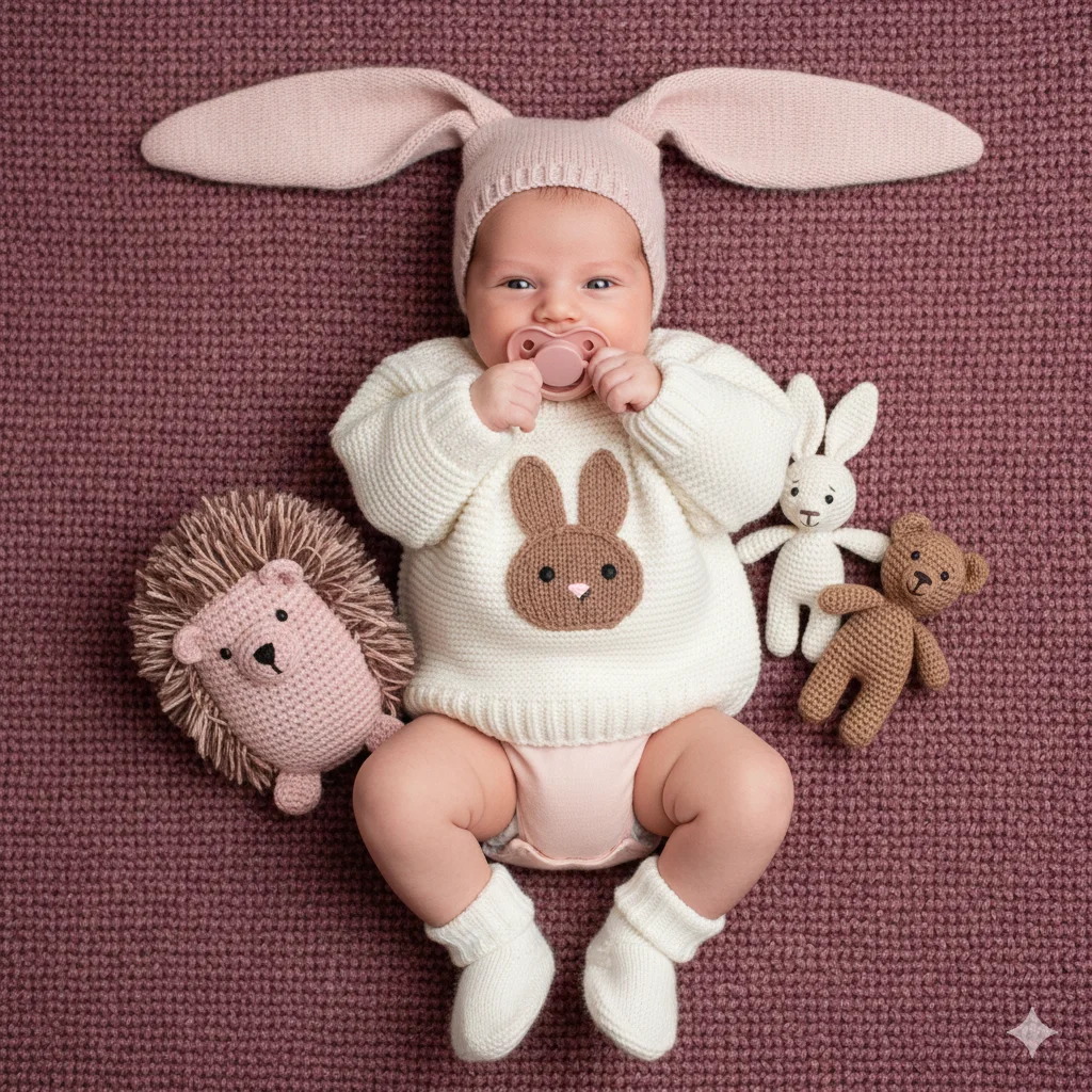 Девочка 7 месяцев лежит на вязанном розовом темного оттенка пледе