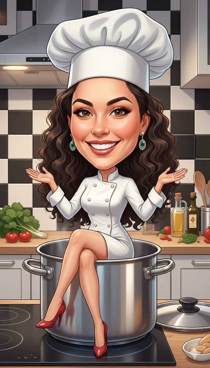 Весёлая женщина-шеф сидит в большой металлической кастрюле на кухонной плите иллюстрация 