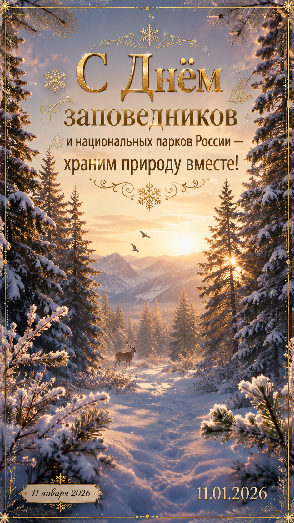 День заповедников и национальных парков России — 11.01.2026 — зимняя открытка с лесом