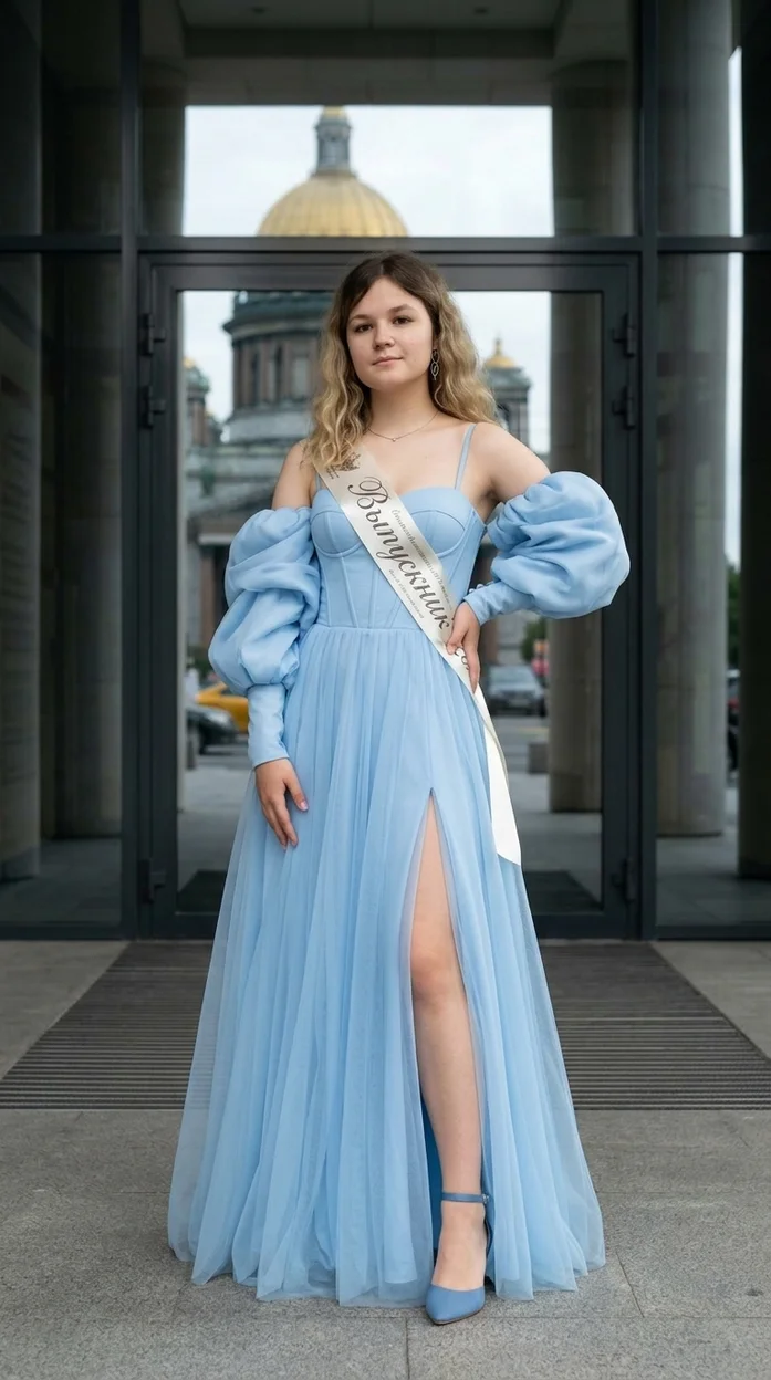  Девушка в голубом выпускном платье у входа с колоннами