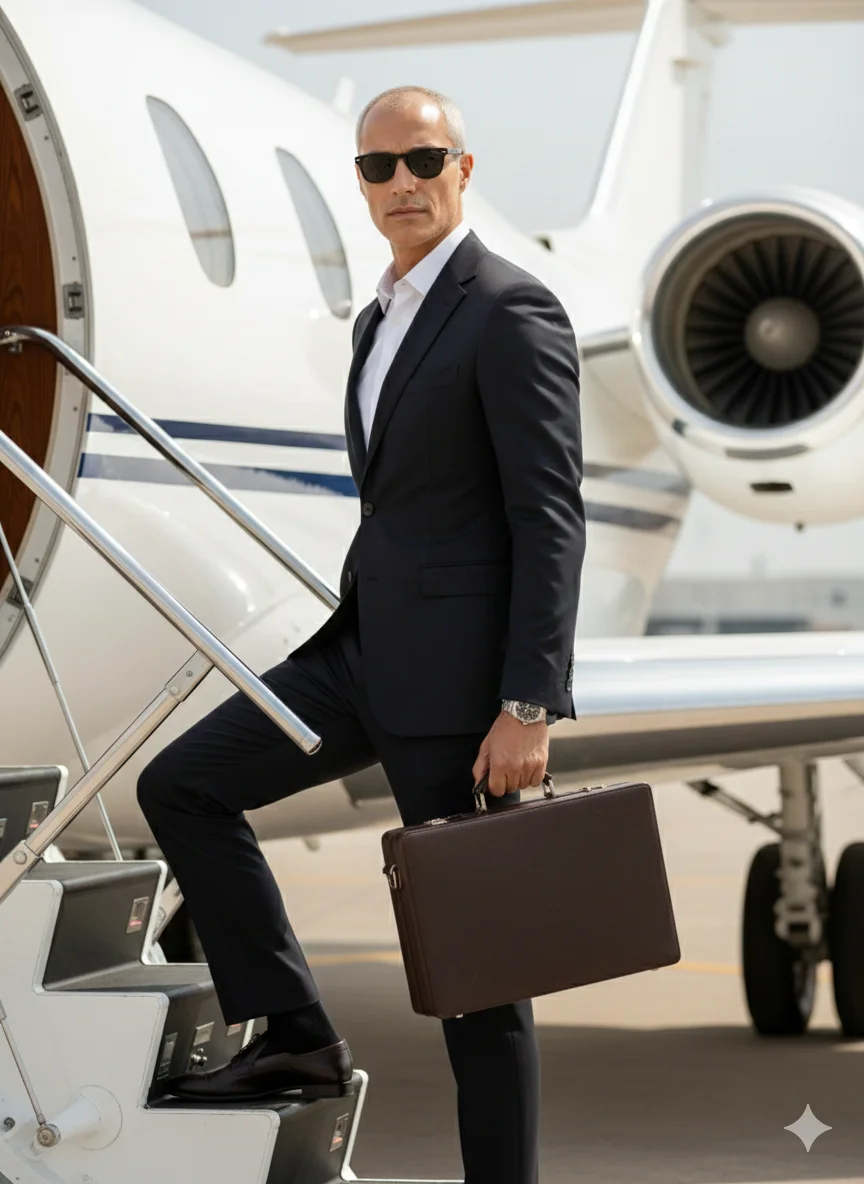 Мужчина у трапа частного самолёта в тёмном костюме с портфелем