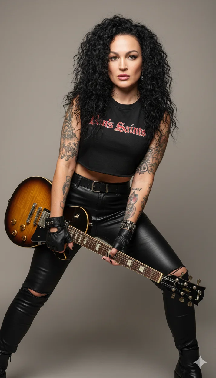 Девушка в чёрном кроп-топе с принтом Van’s Saints, кожаных брюках, перчатках без пальцев и с электрогитарой
