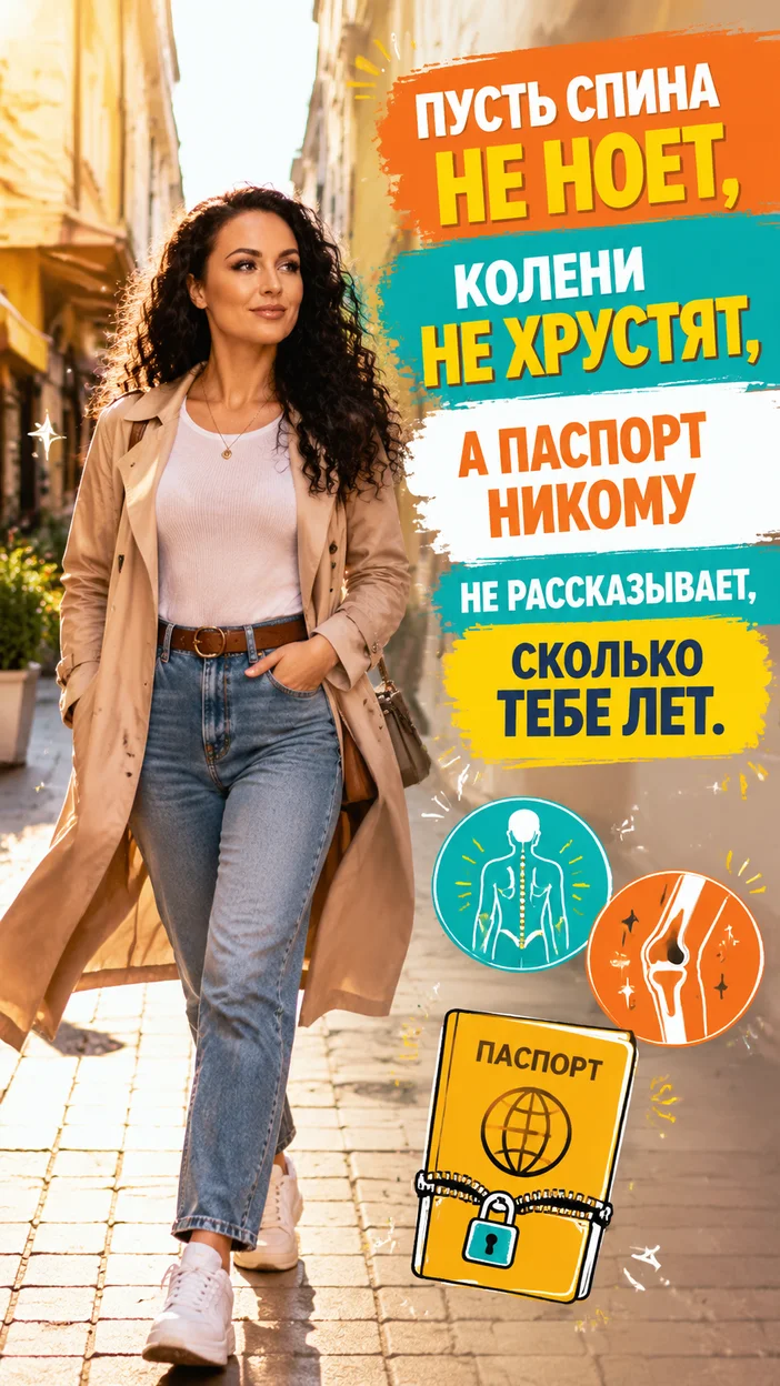 Фотооткрытка для всех с пожеланием "Пусть спина не ноет, колени не хрустят, а паспорт никому не рассказывает, сколько тебе лет."