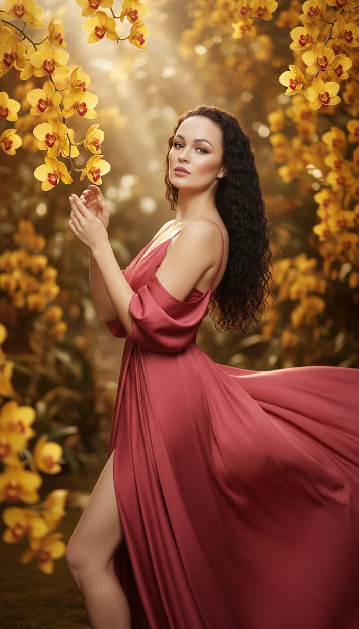 Девушка в красном платье в саду с жёлтыми орхидеями
