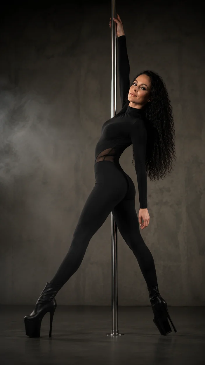Фотосессия pole dance в чёрном образе