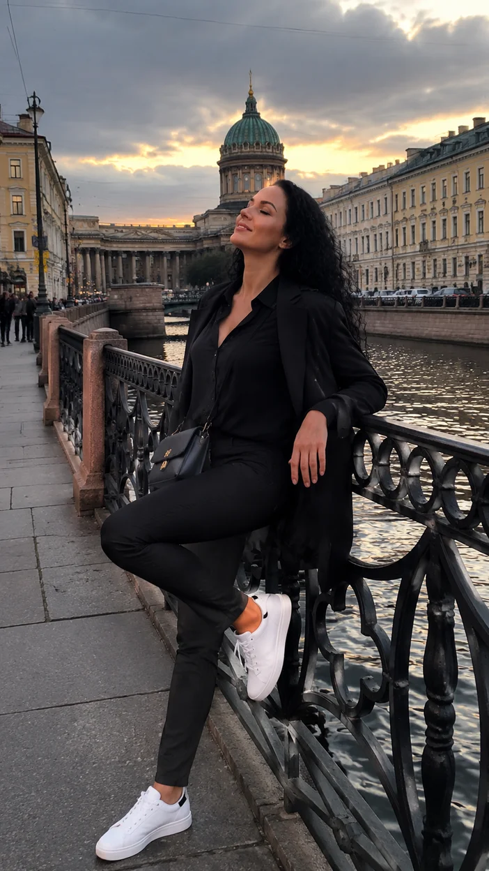 Фотосессия девушки в черном total look у канала Грибоедова