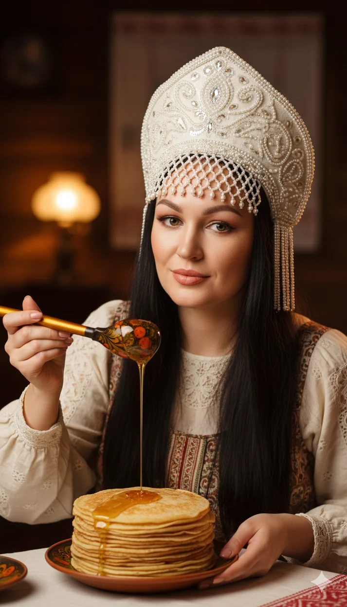 Девушка в традиционном кокошнике льёт мёд на стопку блинов