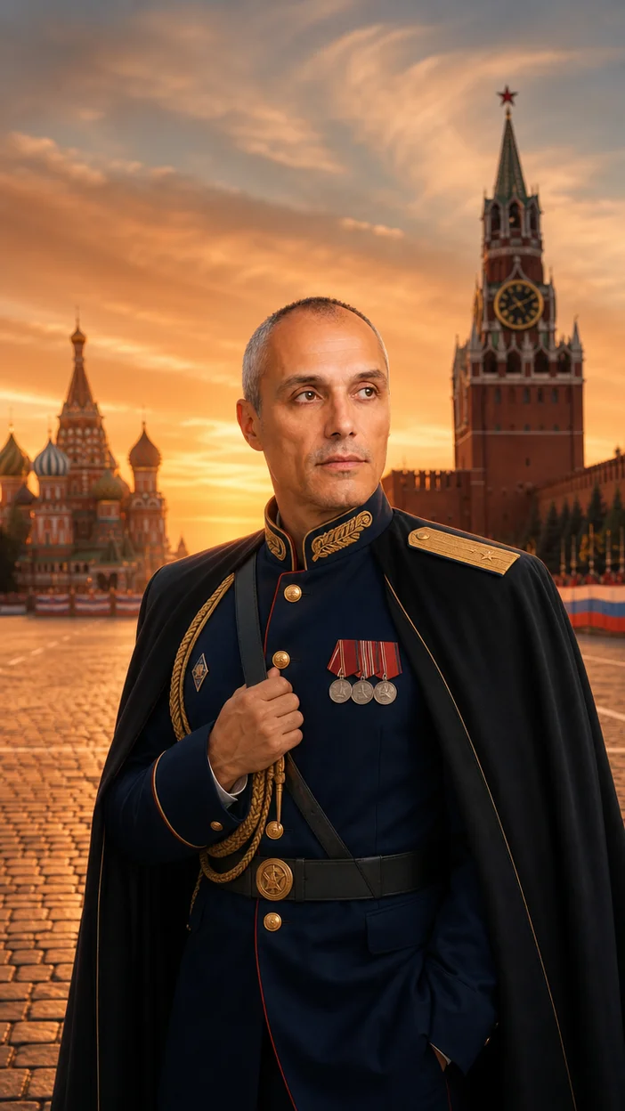 Фотосессия офицера на фоне Кремля при закатном небе