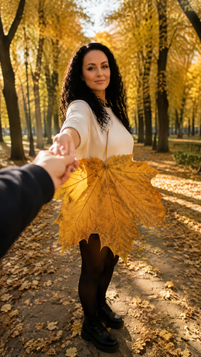 Фотосессия с большим кленовым листом в парке