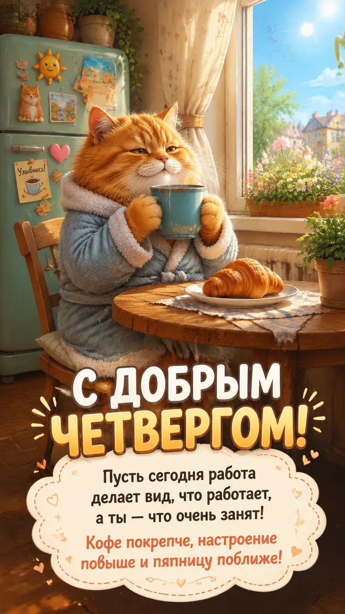 Фотооткрытка с котом на четверг с текстом «С ДОБРЫМ ЧЕТВЕРГОМ!»