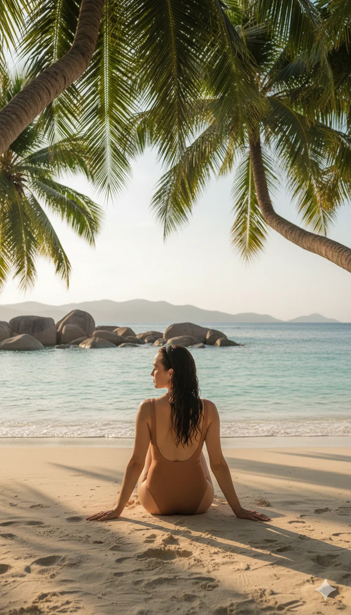 Женщина на тропическом пляже среди пальм в купальнике