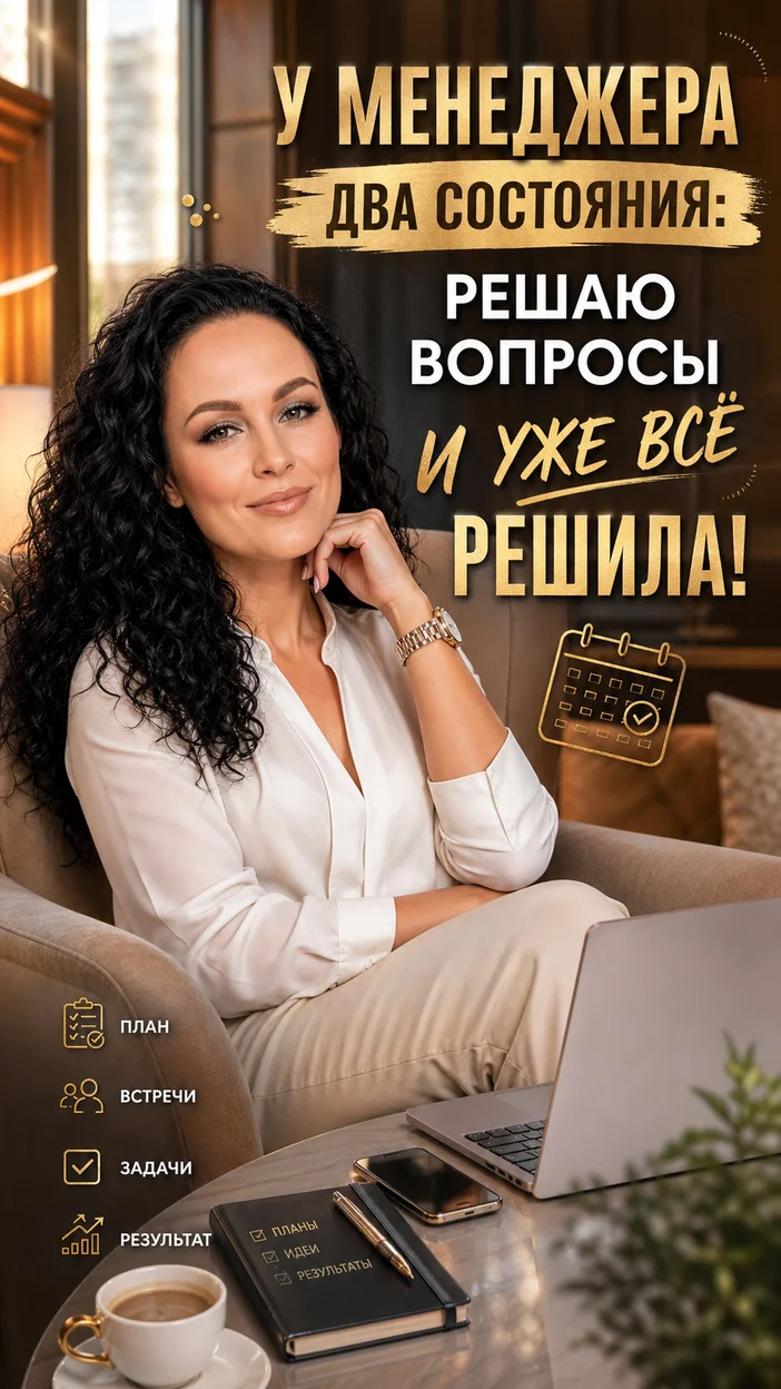 Фотооткрытка для женщины с поздравлением "У МЕНЕДЖЕРА ДВА СОСТОЯНИЯ: РЕШАЮ ВОПРОСЫ И УЖЕ ВСЁ РЕШИЛА!"