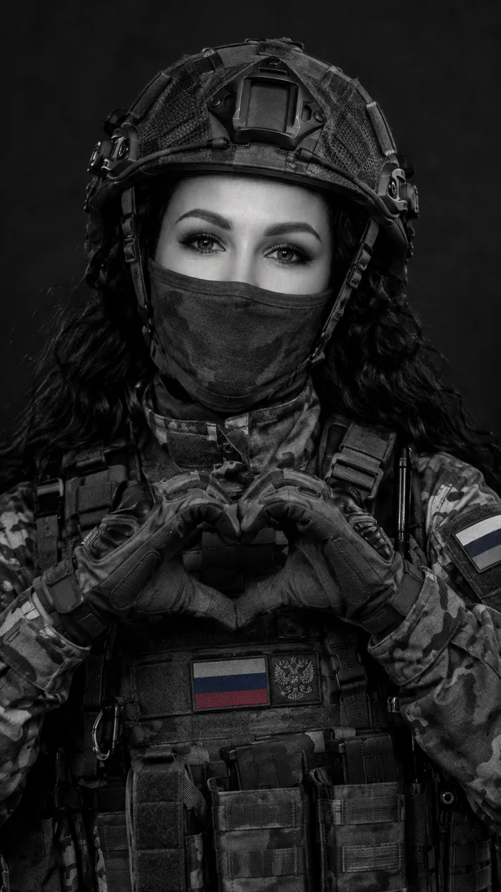 Фотосессия студийная чёрно‑белая — девушка в русской военной форме с маской делает сердце руками