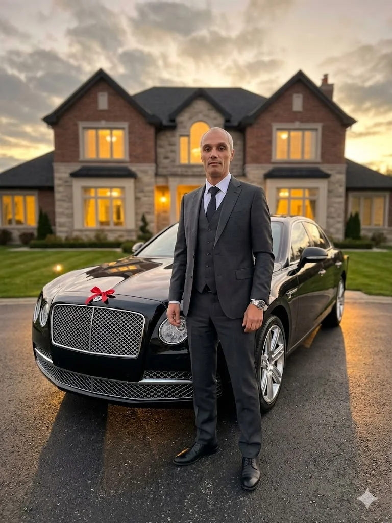 Мужчина в классическом костюме стоит у чёрного автомобиля на фоне особняка