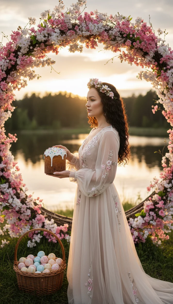  Женщина в светлом платье с цветочным венком стоит у пасхального кулича в цветущей арке